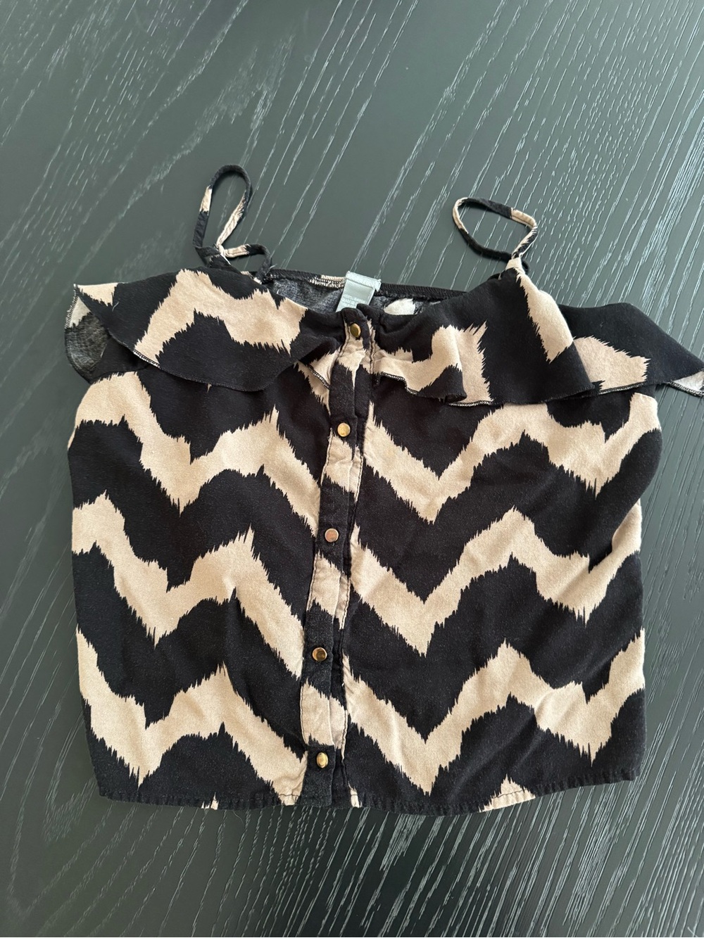 Charlotte Russe Black and Beige Chevron Ruffle Button-Front Cami